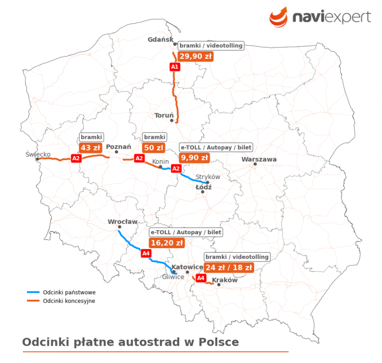 mapa autostrad w Polsce 2022