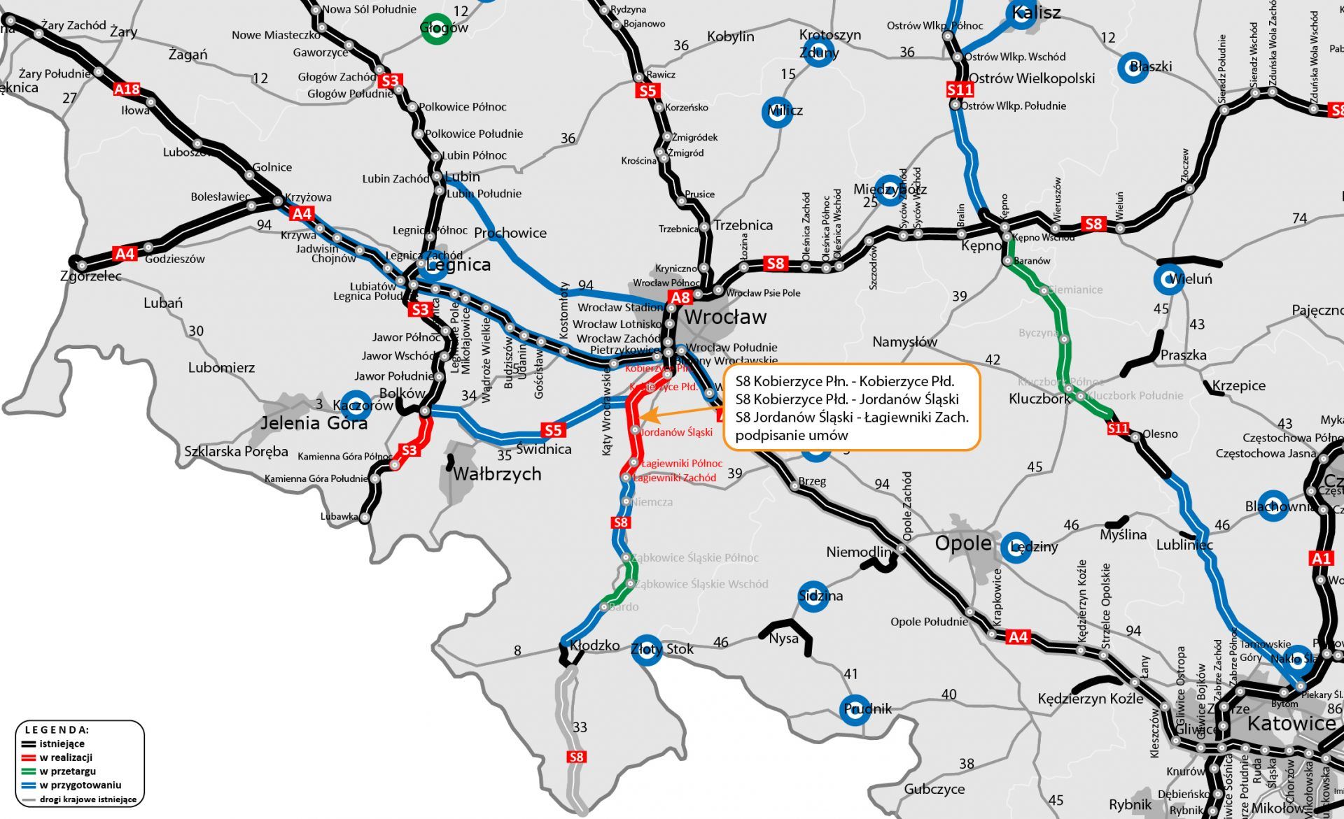 Droga S8 na południe od Wrocławia – rozpoczęto realizację trzech odcinków, kolejne w drodze