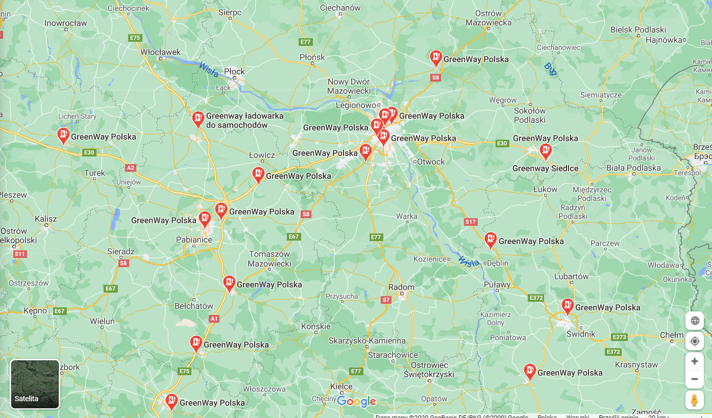 DostÄpnoÅÄ Åadowarek GreenWay widoczna na Mapach Google
