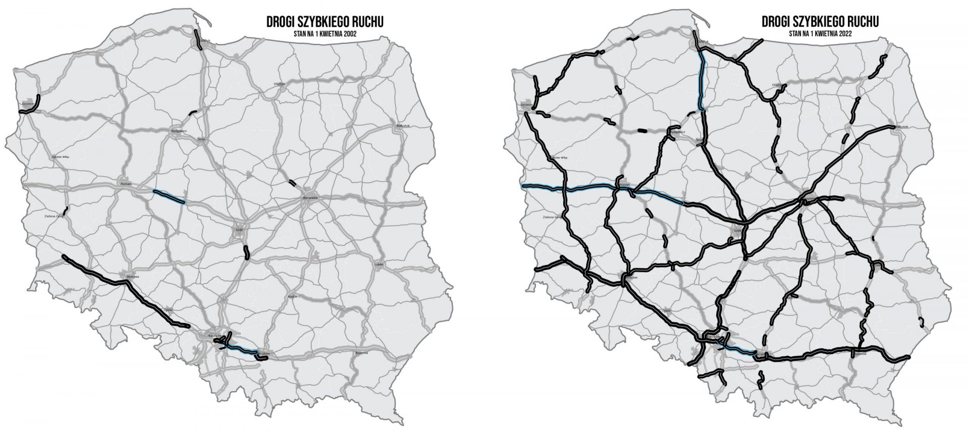 Drogi szybkiego ruchu 2002 i 2022 - porównanie map
