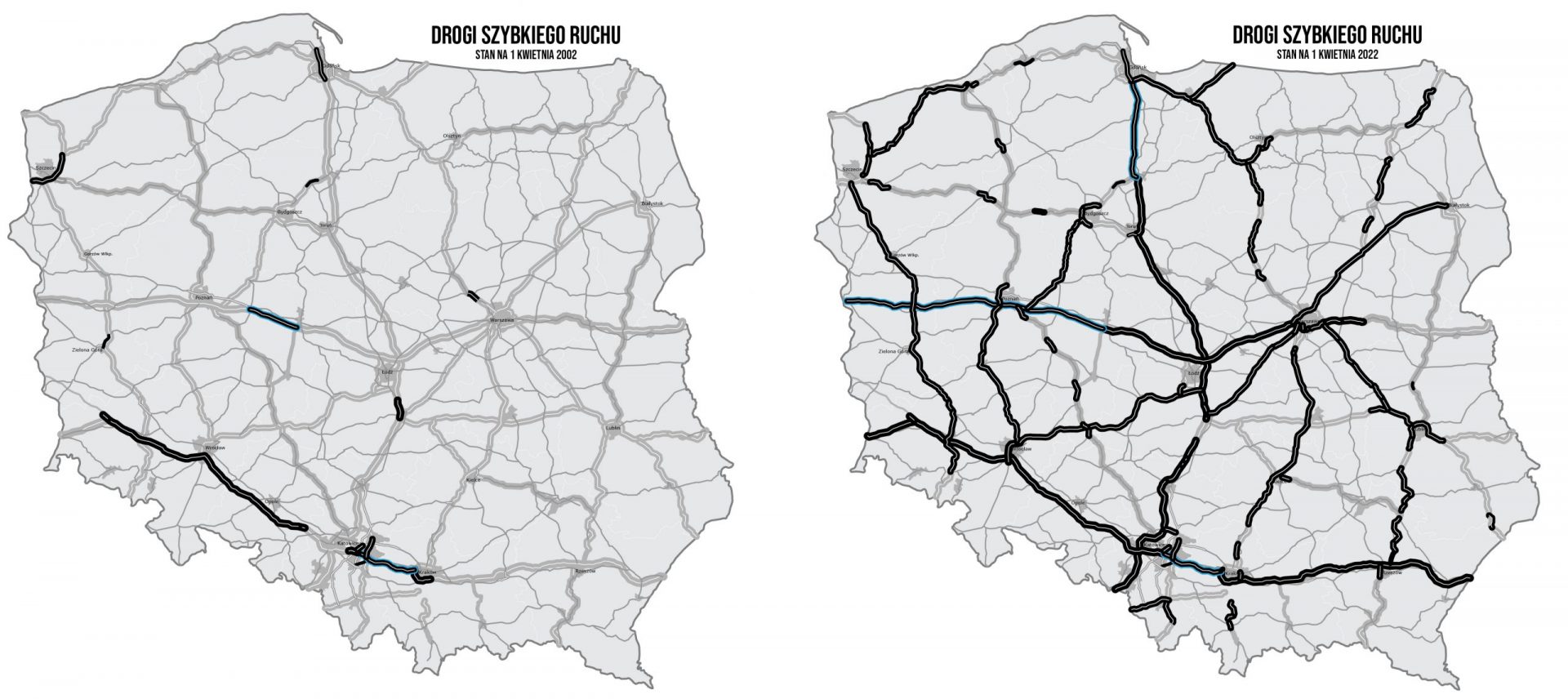 Drogi szybkiego ruchu 2002 i 2022 - porÃ³wnanie map