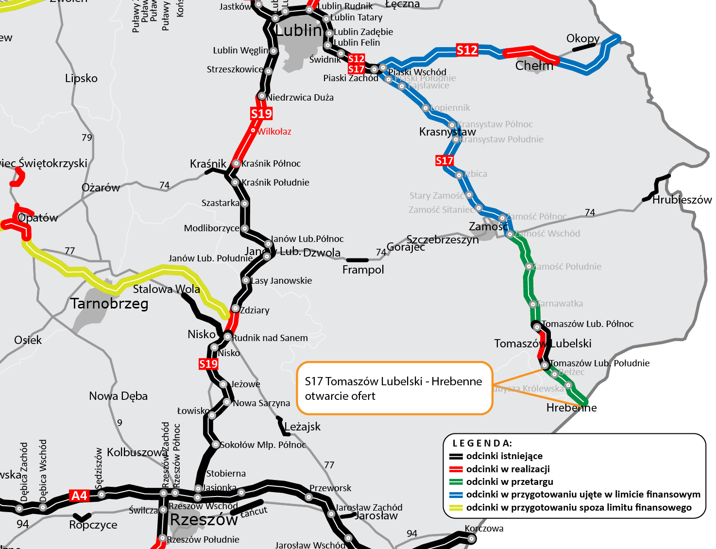 Mapa odcinka S17 TomaszÃ³w Lubelski - Hrebenne