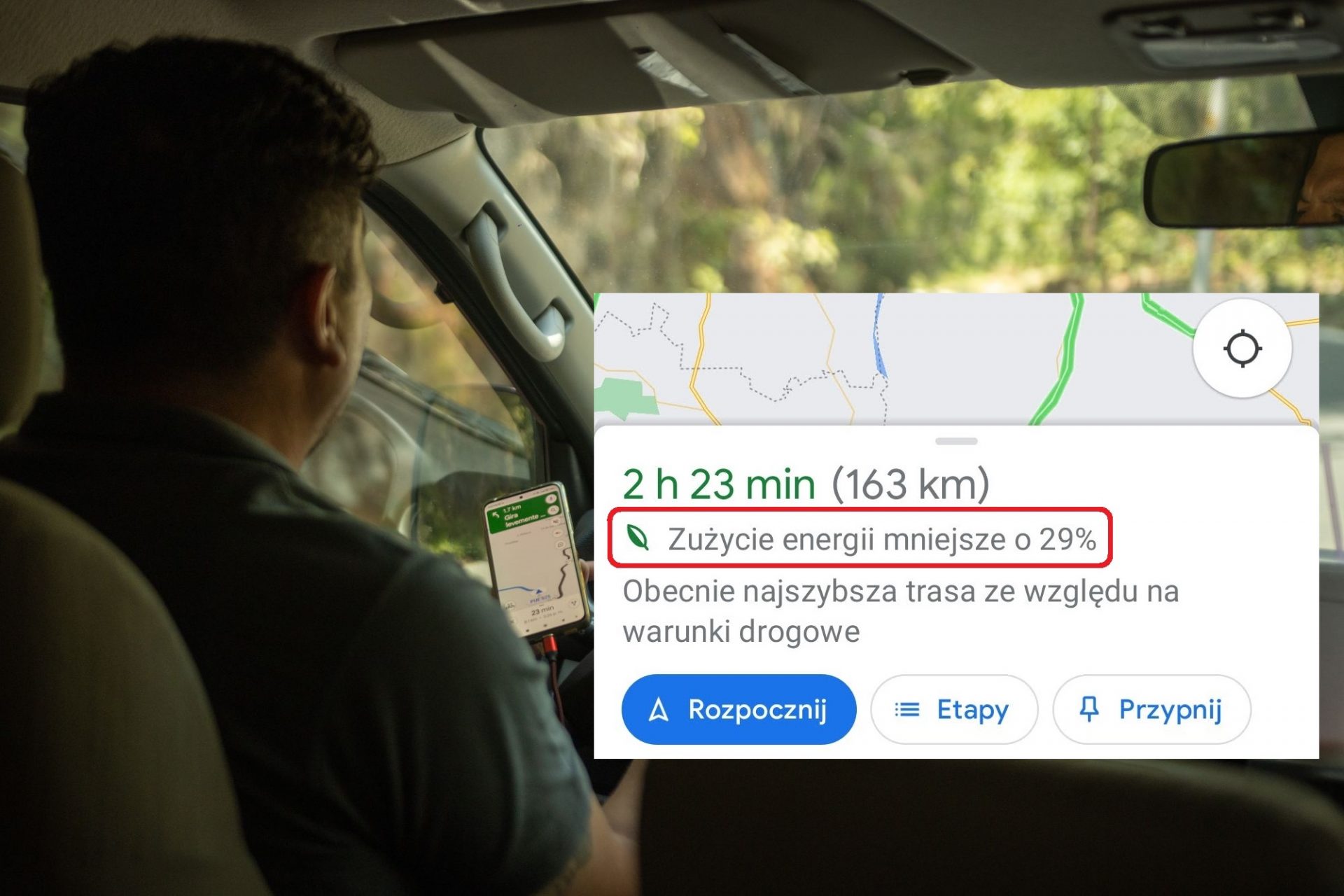 zielony listek w Mapach Google